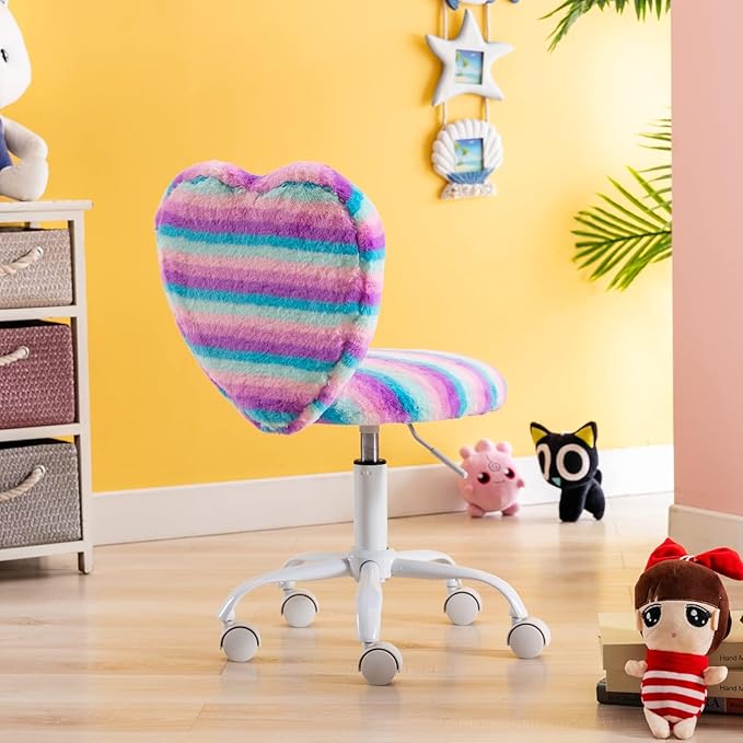 Cute Fuzzy Kids Chair for Teenage Girls - Rolling Study Desk with Adjustable Heart Shaped Reading Vanity for Bedroom, Rainbow