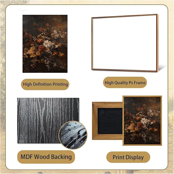 Djmwtb Vintage Framed Wall Art Dark Floral Canvas Wall Art Prints Moody Botanical Painting Flower Pictures Wall Decor Artwork for Living Room Bedroom Bathroom Office 8x10in