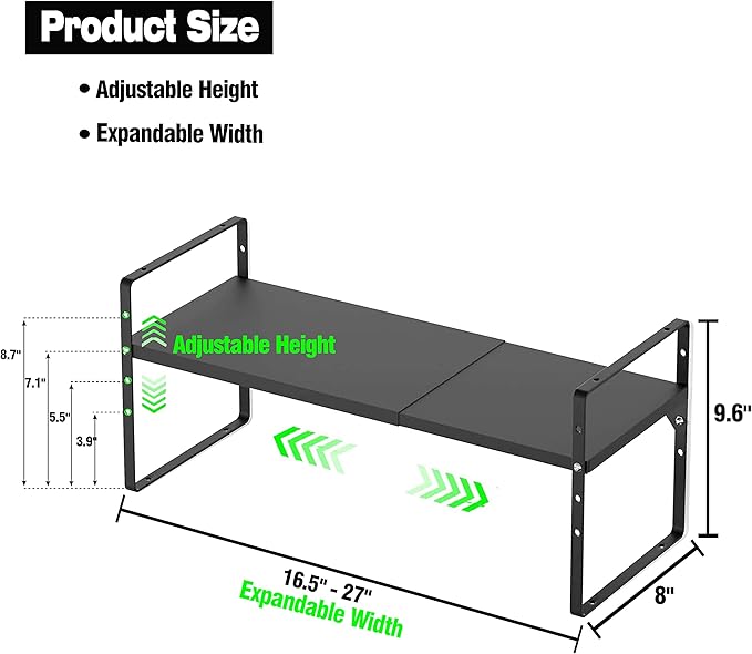 Expandable Kitchen Cabinet Storage Shelf, Stackable Metal Pantry Storage Shelves Organizer, Adjustable Height Counter Spice Rack for Kitchen Cabinet, Countertop, Pantry and Office