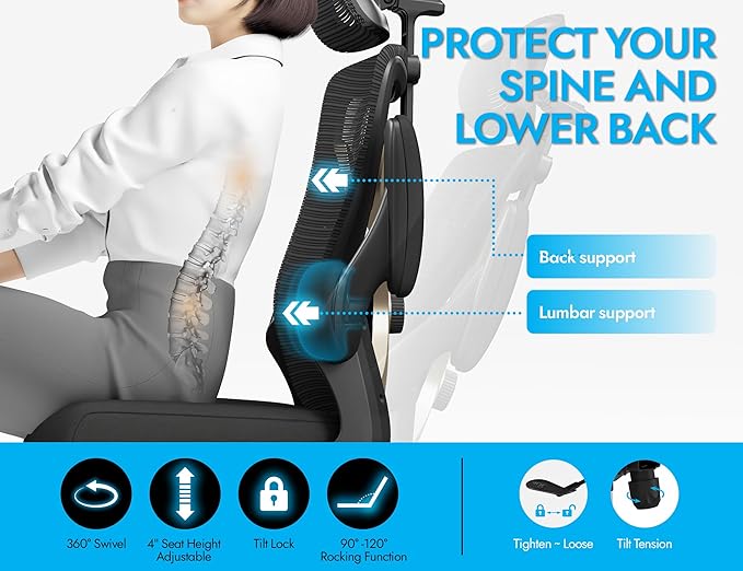 Ergonomic Office Chair-Mesh Computer Desk Chair Comfy, High-Back Gaming Chairs with 3D Headrest & Lumbar Support, Executive Task Chair for Adults, Comfortable for Long Hours