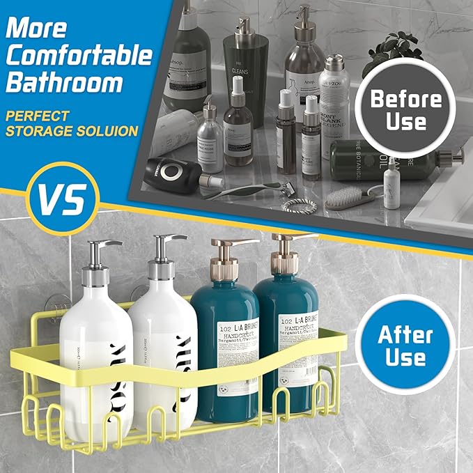 Adhesive Shower Caddy, No Drilling Bath Organizers 5 Pack, Rustproof Shelves with Soap Holder & Toothbrush Holder, Bathroom Organizers and Storage, Yellow