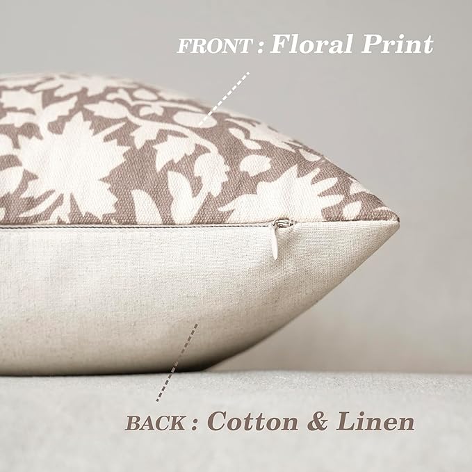 Foindtower Set of 2 Decorative Neutral Floral Throw Pillow Covers Accent Farmhouse Cushion Covers Boho Vintage Pillowcase for Couch Sofa Bedroom Living Room Home Decor Outdoor,20×20 Inch,Tan