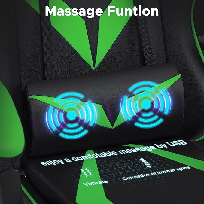 HOFFREE Massage Gaming Chair for Kids Computer Gamer Chair with Footrest and Lumbar Support Reclining PC Game Chair with Headrest for Gaming Room Green and Black