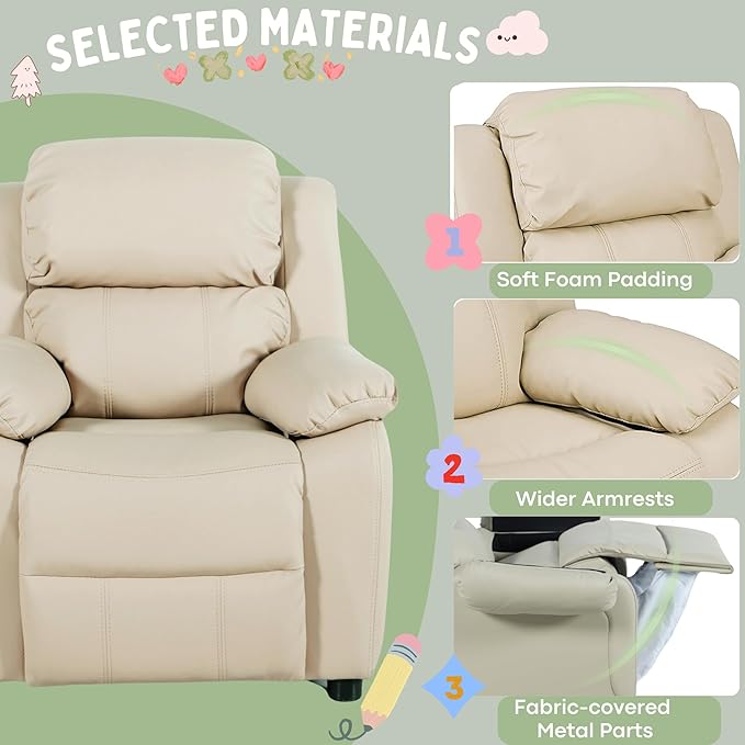 JC Home Macaron Kids Reclining Chair Leather Recliner Sofa Push Back Toddler Youth Children Child Ages 2-8