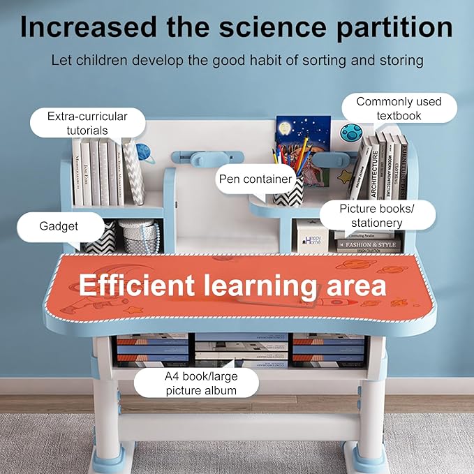 Kids Desk and Chair Set, Height Adjustable Kids Study Table and Chair Set, Children School Desk with Storage Drawer and Book Stand, Ergonomic Child Toddler Deskwith Sitting Posture Corrector (Blue 1)