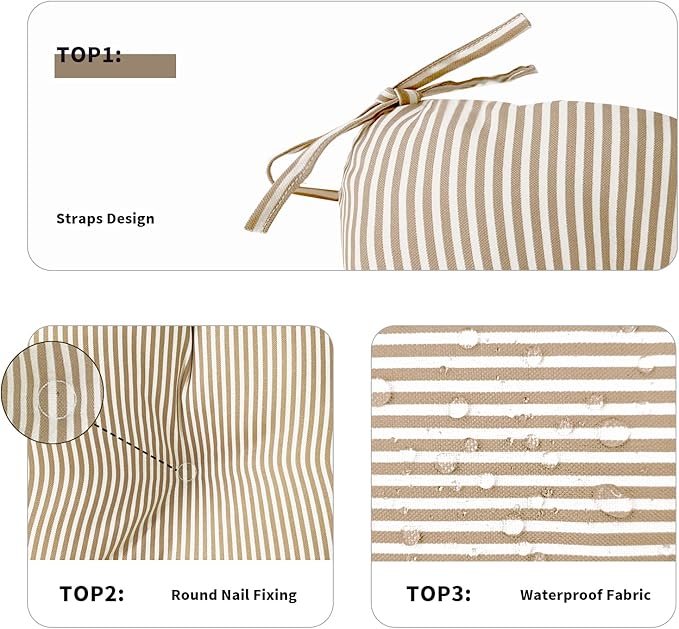 Set of 2 Outdoor Tufted Chair Cushions 19"x19"x4", Water Repellent Patio Seat Cushions with Ties, Replacement Chair Pads for Wicker Dining and Patio Furniture - Stripe Beige