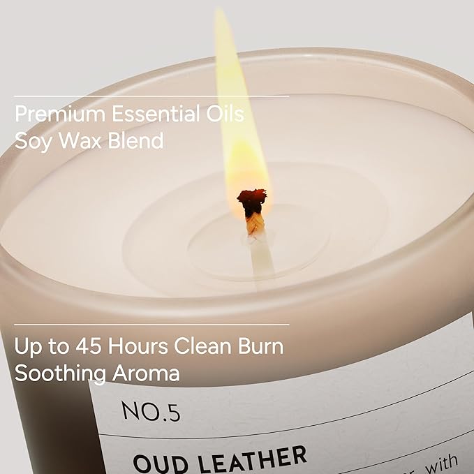 Oud & Leather Scented Candle, 11oz Aromatherapy Soy Wax Candles for Home Scented, Long Lasting, Oud Leather Scent for Home, Gifts for Men, Women, Friends, Teacher, Relaxation & Stress Relief