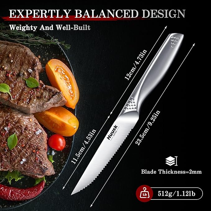 Huusk Serrated Steak Knives Set - 4.5" Japanese Stainless Steel Steak Knives Set of 6, Sharp Dishwasher Safe Dinner Knife for Kitchen Table with Gift Box