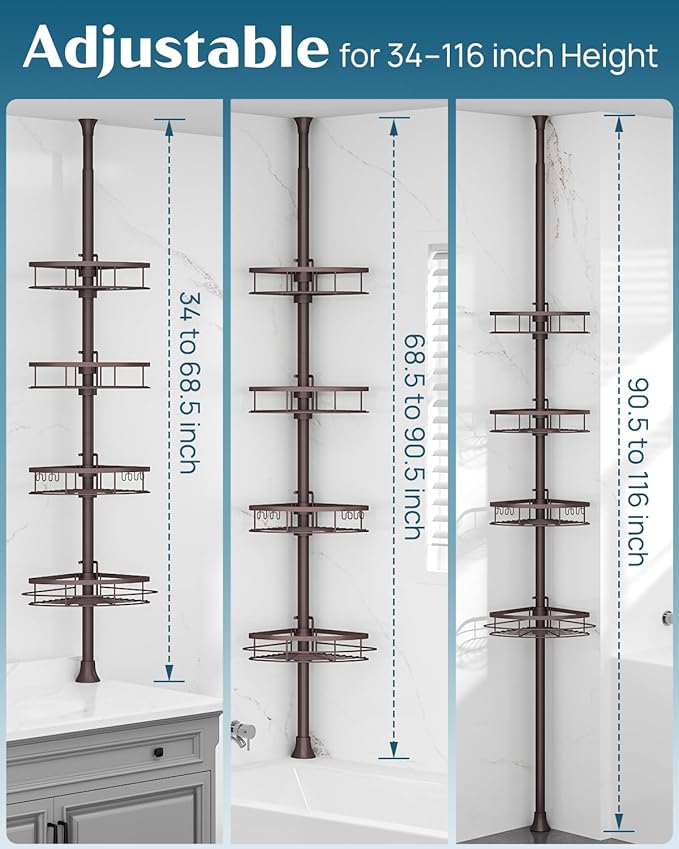 SEIRIONE Rustproof Shower Corner Caddy Organizer for Bathroom,Tension Pole with 4 Baskets, for Bathtub Storage Rack, 34 to 116 Inch Height, Bronze