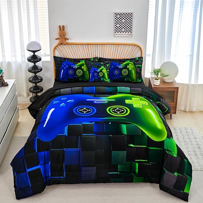 PERFEMET Gamer Comforter Queen Set 6 Pieces Blue and Green Game Console Boys Bedding Set with Sheets Soft Fluffy 3D Video Game Bed in a Bag for Kids Teen(Blue Green, Queen)