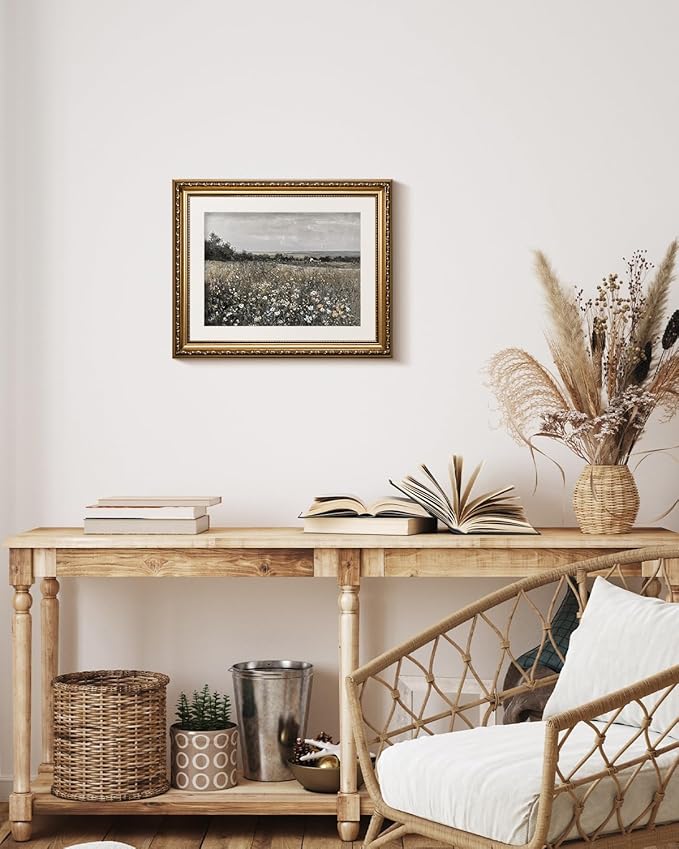 VIYYIEA Gold Framed Wall Art Canvas Print Home Decor Landscape Room Decor Art Meadow with Flowers Vintage Wall Art Decor Modern Farmhouse Decor Cottagecore Prints Bedroom Bathroom Office 13x16in