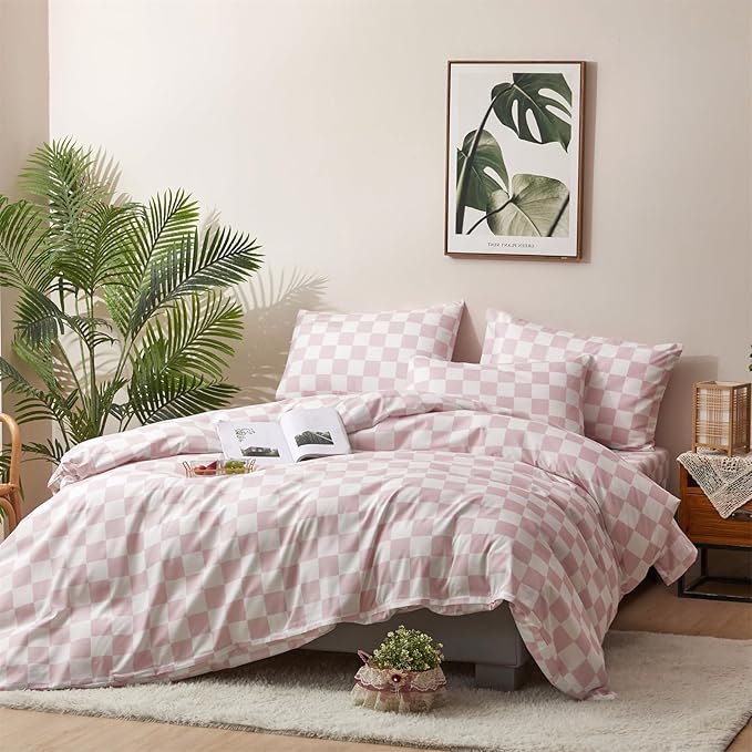 Pink and White Checkered Comforter Set Full Comforter Set 3 Piece Bedding Set with Lightweight Comforter and 2 Pillowcases Soft Microfiber All-Season