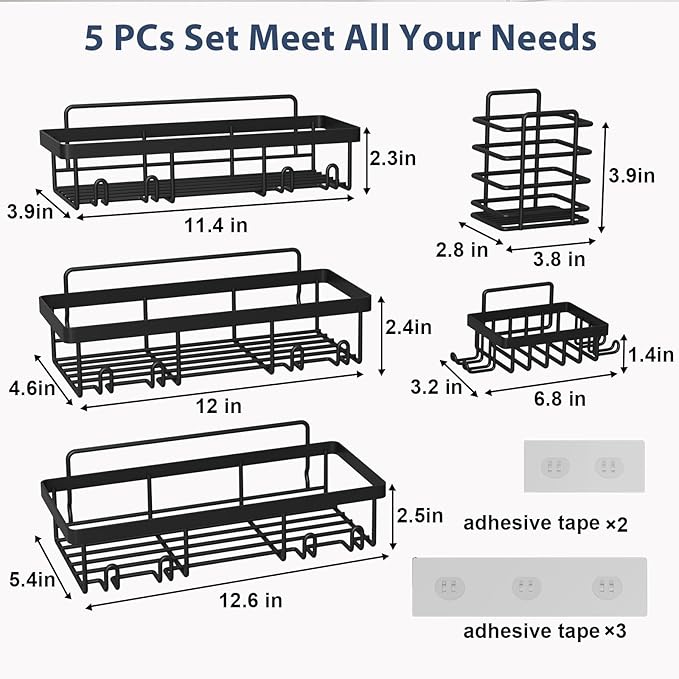 5 Pack Shower Caddy Organizer Rack Shelf for Inside Shower, Adhesive Bathroom Wall Storage Basket Rustproof Stainless Steel Shampoo Holder, Bathroom Accessory Decor Set, Black
