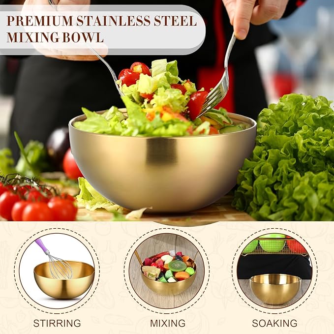 Nuogo 10 Pcs Stainless Steel Mixing Bowls Decorative Esthetician Bowls for Wedding Party Baking Prepping Serving Facial Food Salad Fruit Snack Soup Cereal(7.9 Inch,Gold)