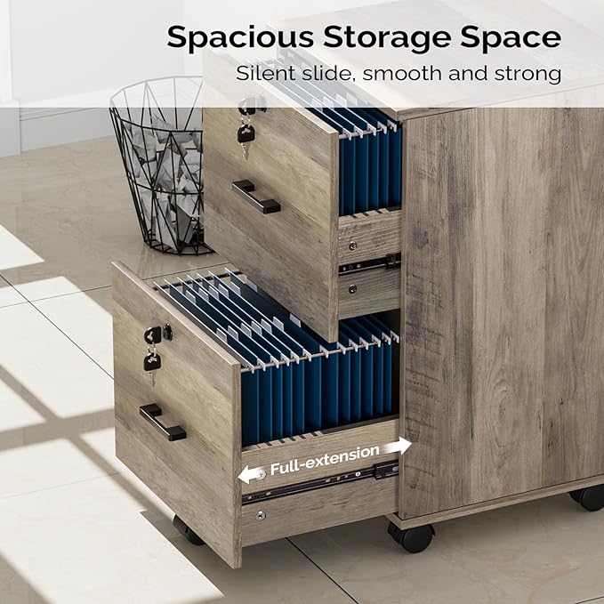 VINGLI 2 Drawer File Cabinet with Lock, Wood Rustic Gray Filing Cabinet for Letter Size File Folders with Tabs, Under Desk Rolling File Cabinets for Home Office, Mobile File Organization Printer Stand