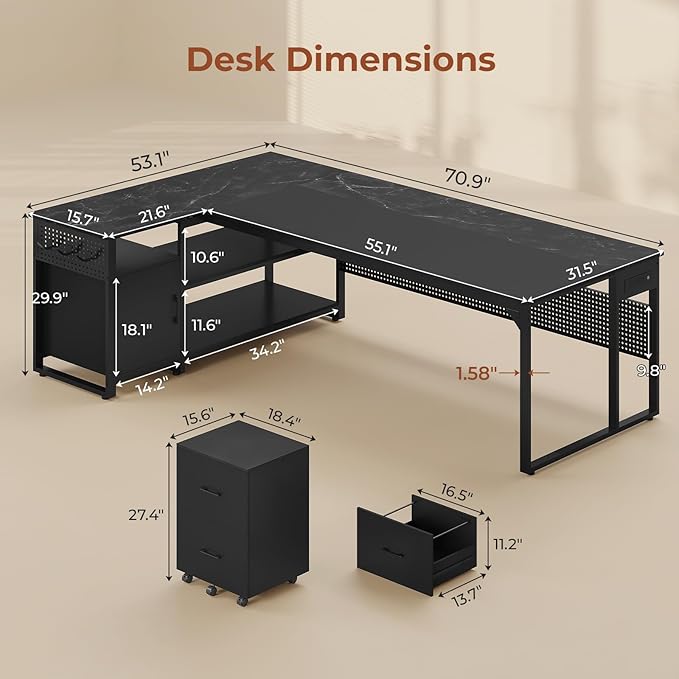71" Executive Desk, Reversible L Shaped Desk with Mobile File Cabinet & Power Outlets, Large Office Desk with Drawers, Storage Shelves, Hooks, Corner Computer Desk for Home Office (Black)