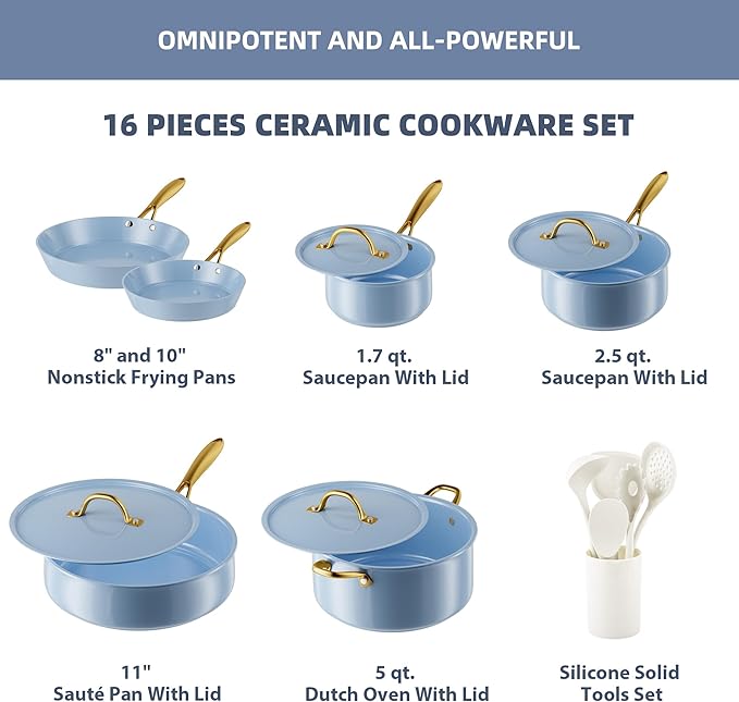 Pots and Pans Set - VONIKI Healthy Ceramic Cookware Set with Cooking Utensils Set, Non Toxic Kitchen Cookware Sets, Nonstick Cooking Pot Induction Cookware, Dishwasher Safe, Oven Safe, PFAS-Free, Blue