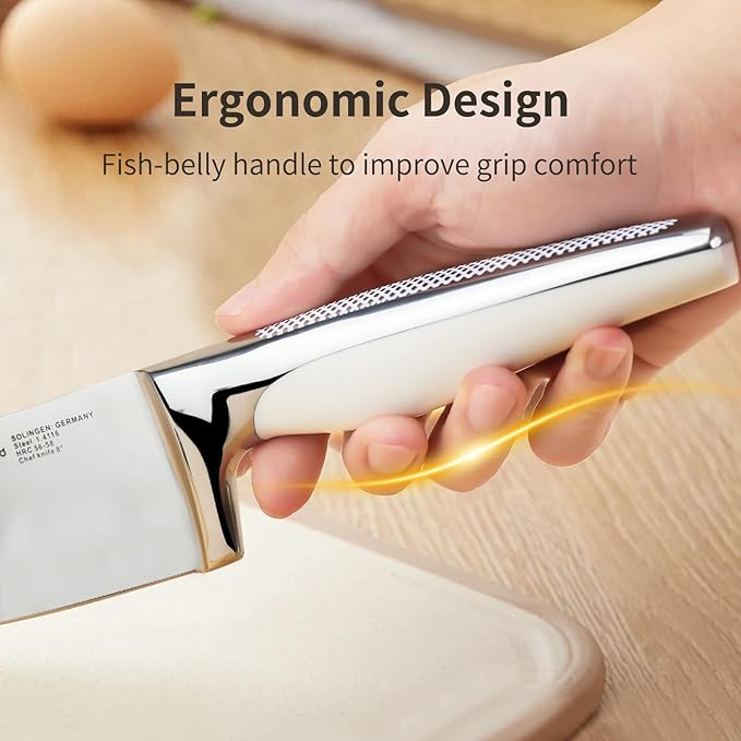 8 inch Mirror Polished Chef Knife, German 1.4116 High Carbon Stainless Steel Chefs Knife with White ABS & Stainless Steel Handle, Razor Sharp Kitchen Knife for Home & Restaurant