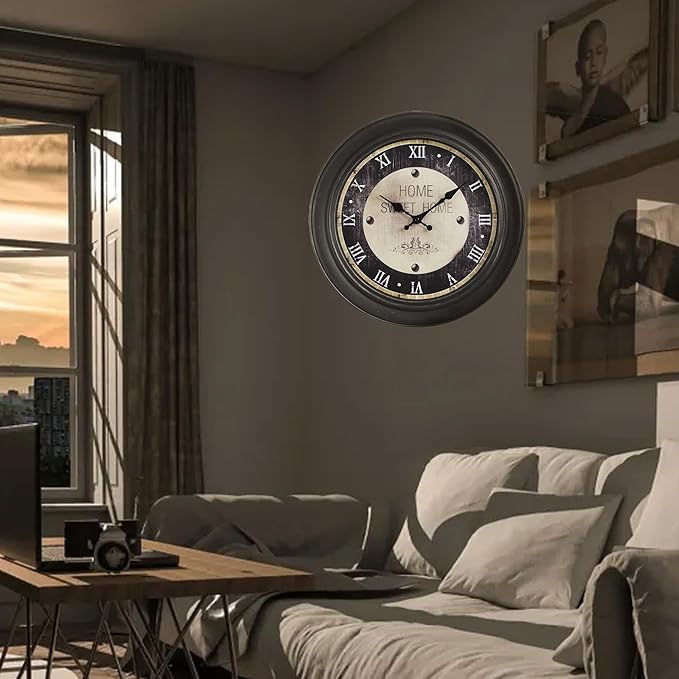16 Inch Vintage Wall Clock, Silent Non-Ticking Quartz Battery Operated Decorative Clock for Home, Kitchen, Living Room, Dining Room, Office, Dark Brown Roman Number