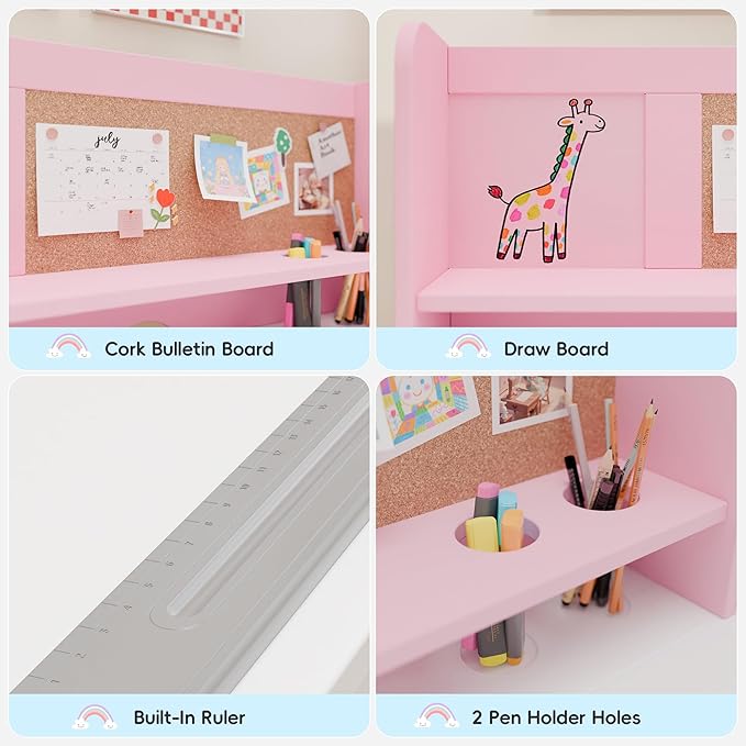 Kids Study Desk with Chair and Tiltable Desktop, Kids Stud Des and Chair Set with Hutch&Storage Cabinet, Wooden Children Study Table for 5-12 Years Old, Student Writing Desk for Bedroom (Pink)