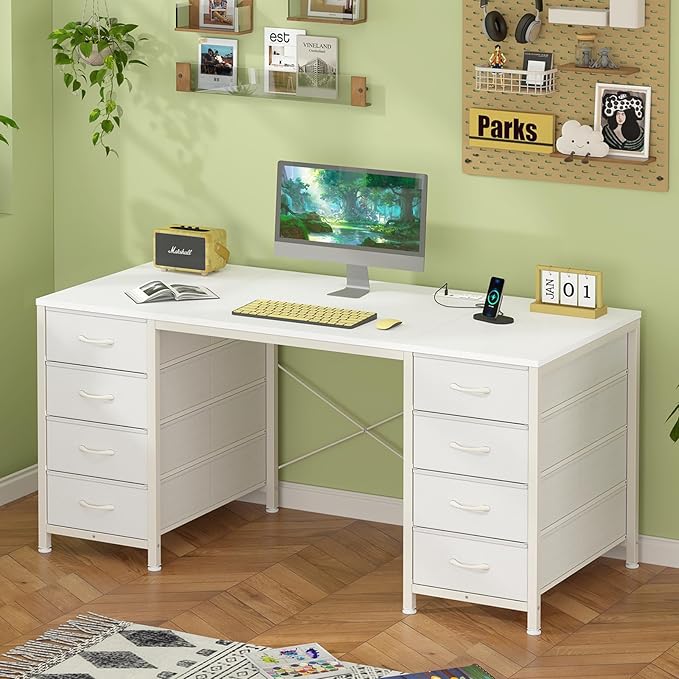 50 Inch White Computer Desk with 8 Drawers, Home Office Desk with Power Outlets, Work Study Gaming Desk with 8 Fabric Drawers, White