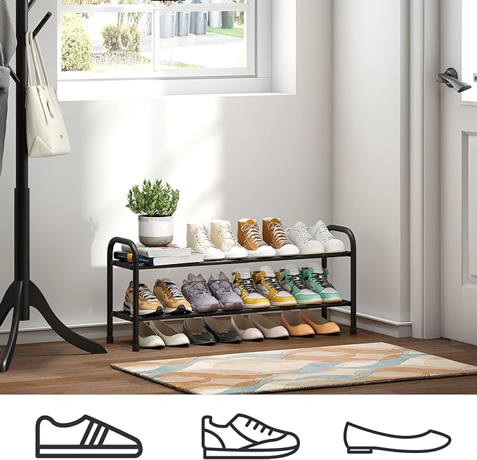 2-Tier Shoe Rack for Closet, Expandable Metal Shoe Organizer, Adjustable Shoe Shelf Storage Organizer, Standing Shoe Rack for Entryway Closet Doorway