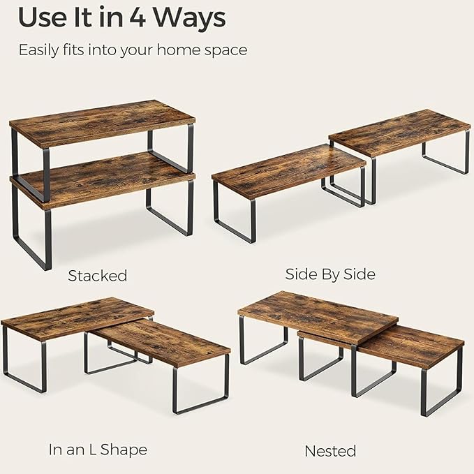 Cabinet Organizer Shelf, Kitchen Counter Storage, 2-Piece Set, Stackable Spice Rack, Metal and Wood (Black and Rustic Brown)