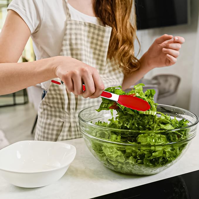 HST 3 Pack Kitchen Tongs, Non Stick Stainless Steel 9 Inch Tongs With Silicone Tip for Cooking BBQ Baking(Red)