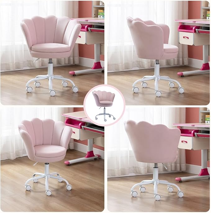 Pink Kids Desk Chair, Cute Velvet Adjustable Children Desk Chair Rolling Study Armchair Upholstered Computer Chair Shell Back 360° Swivel Vanity Chair for Teen Boys Girls Bedroom Study