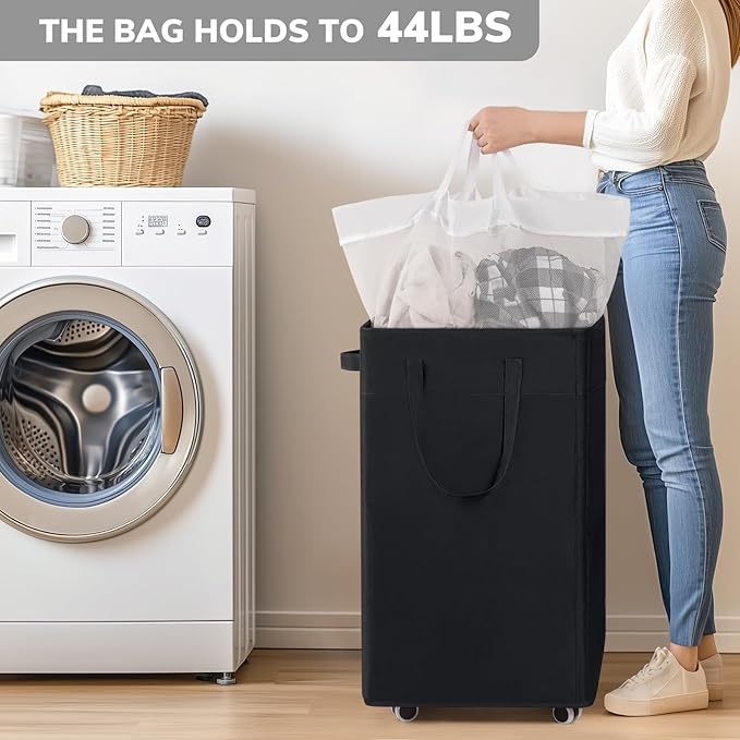 Goodpick Laundry Hamper with Wheels, 75L Dirty Clothes Hamper with Removable Wash Bag for Laundry Room, Black Rolling Laundry Basket