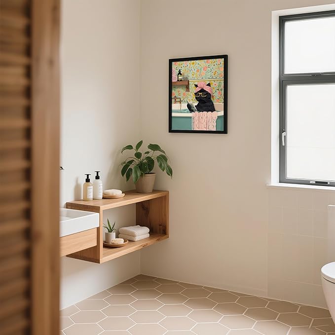 Framed Vintage Cat Canvas Wall Art, Funny Pink Animal Reading Books Painting Picture Print, Cute Kitten Lovers Aesthetic Wall Decor for Nursery Girls Room Bedroom Kids Room 10''L x 8''W