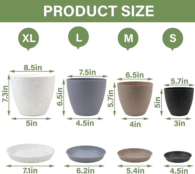 Plant Pots 8.5/7.5/6.5/6 inch, 4 Pack Pot for Indoor Plants, Modern Decorative Plastic Planters with Drainage Holes and Saucers for House Plants Indoor Outdoor Flower Plants