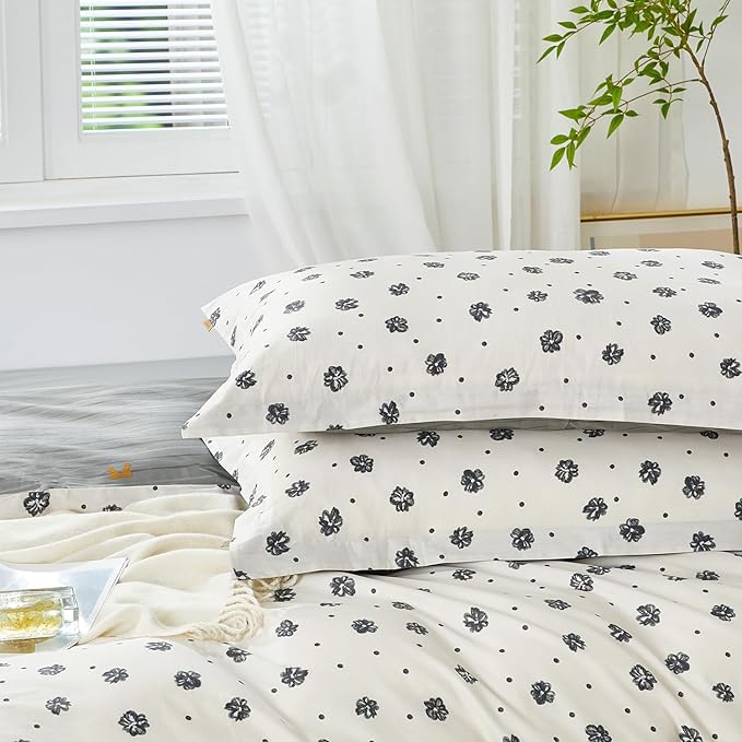 SAPHREAS Black Watercolor Floral Duvet Cover Set 3pcs King Size Botanical White Bedding Comforter Cover Set 100% Cotton 1 Duvet Cover 104"x90" 2 Pillow Shams, Comforter Not Included