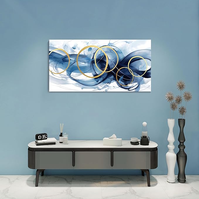 HKDGOKA Wall Art Living Room - Large Abstract Gold Blue Gradient Paintings Wall Canvas Artwork Modern Office Bedroom Pictures for Kitchen Bathroom Wall Decor 20x40 In