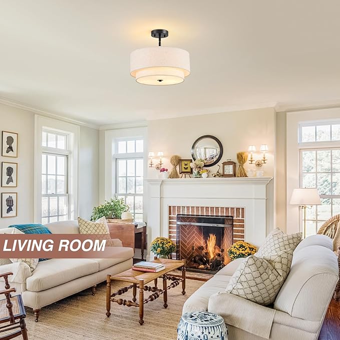 16" Semi Flush Mount Ceiling Light, Black 3 Light Double Drum Fabric Lampshade Lighting Fixture for Living Room, Bedroom, Dining Room, Kitchen, Hallway (Swivel Canopy for Sloped/Flat Ceiling)