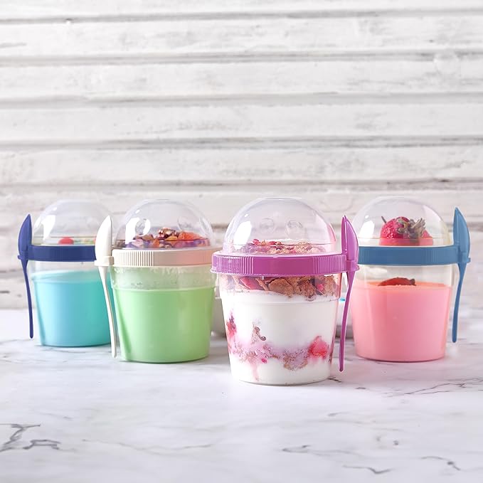 Crystalia Reusable Yogurt Parfait Cups with Leak-Proof Lids, On the Go Plastic Bowls with Topping Cereal Oatmeal Salad or Fruit Container, Set of 4, Made in Europe (Small 17 oz)