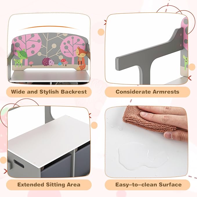 HONEY JOY Kids Table and Chair Set, 3-in-1 Convertible Wooden Toy Storage Bench with Handle, 2 Bins for Kids Reading Nook, Toddler Table and Chair Set for Daycare Playroom Classroom (Gray)