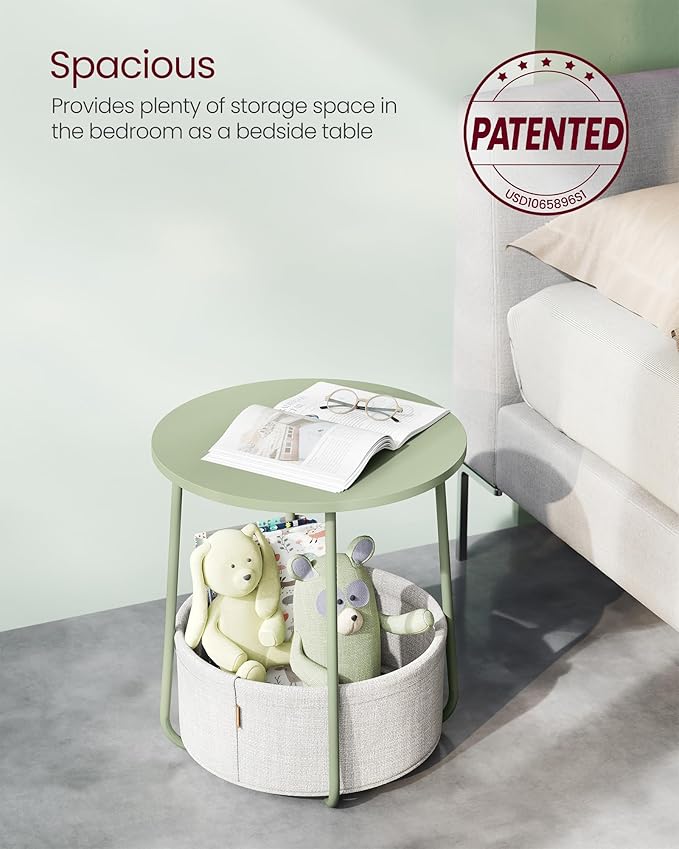 VASAGLE Small Round Side End Table, Modern Nightstand with Fabric Basket, Laurel Green and Cream White ULET223C69