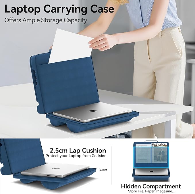 Laptop Lap Desk with Cushion, Adjustable Lap Desk Pillow with Storage, Portable Lap Table for Adults Student, Laptop Stand for Bed Office College Dorm Home Room Couch, Fits Up to 14.9" PC Tablet, Blue