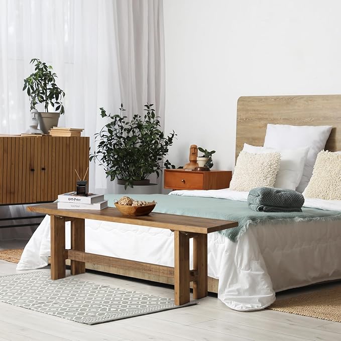 Reclaimed Solid Wood Bench, 55" Farmhouse Entryway Bench for Hallway, Kitchen, Dining, Bedroom, Narrow Indoor Bench with Rustic Charm