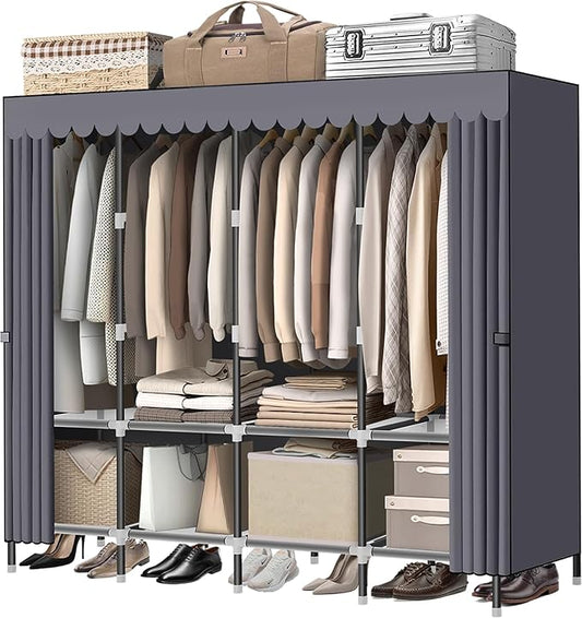LOKEME Wardrobe Closet，Grey Portable Closet with Zippers， 65.4Inches 19mm Diameter，Portable Closets for Hanging Clothes，with 4 booms and Storage cabinets，Spacious Large -Capacity Storage Space