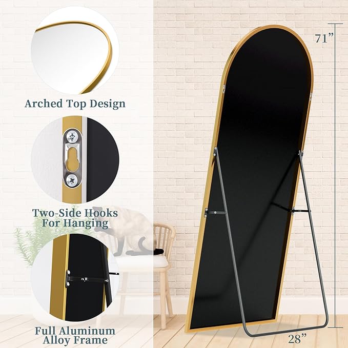 Full Length Mirror with Stand, 71"x28" Arched Full Body Large Stand Up Aluminum Frame Floor Standing Mirror, Freestanding Hanging Leaning Mounted for Bedroom Living Room Entryway Gold