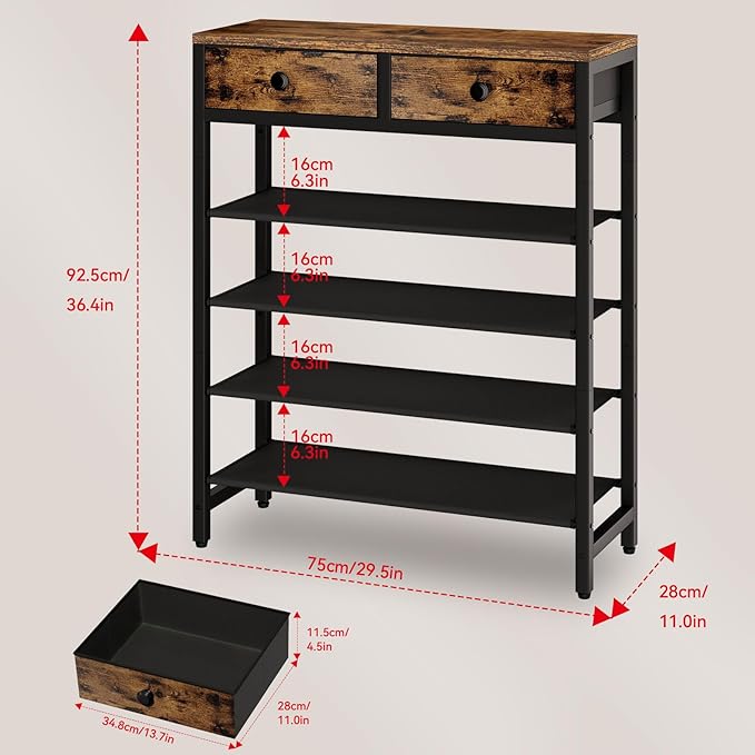 IBUYKE 5 Tier Shoe Rack, Metal Shoe Storage Organizer with 2 Drawers, Shoe Storage Rack for 12-16 Pairs of Shoes, Modern Shoe Stand with Fabric Shelf for Entryway Closet Bedroom, Rustic Brown TXJ040H