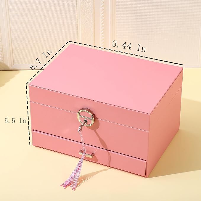 BOOVO Earring Jewelry Box For Women Girl Stud Organizer, 5 Layers Girl Jewelry Organizer Box With Lock Earring Holder Organizer Necklace Ring Jewelry Organizer Box For Girls (Pink)