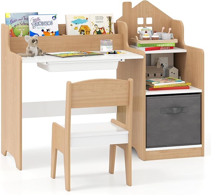 Costzon Kids Desk and Chair Set, Wooden Children Multi-Activity Table with Hutch, Bookshelf, Drawer & Fabric Storage Bin, Kids Table and Chair Set for Drawing, Writing, Crafts