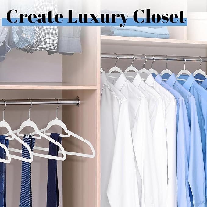 Smartor White Velvet Hangers 60 Pack, Space Saving Clothes Hangers with Tie Bar, Non-Slip Felt Hanger with Shoulder Notches, Heavy Duty Suit Hanger for Coat, Shirt, Pants, Dress