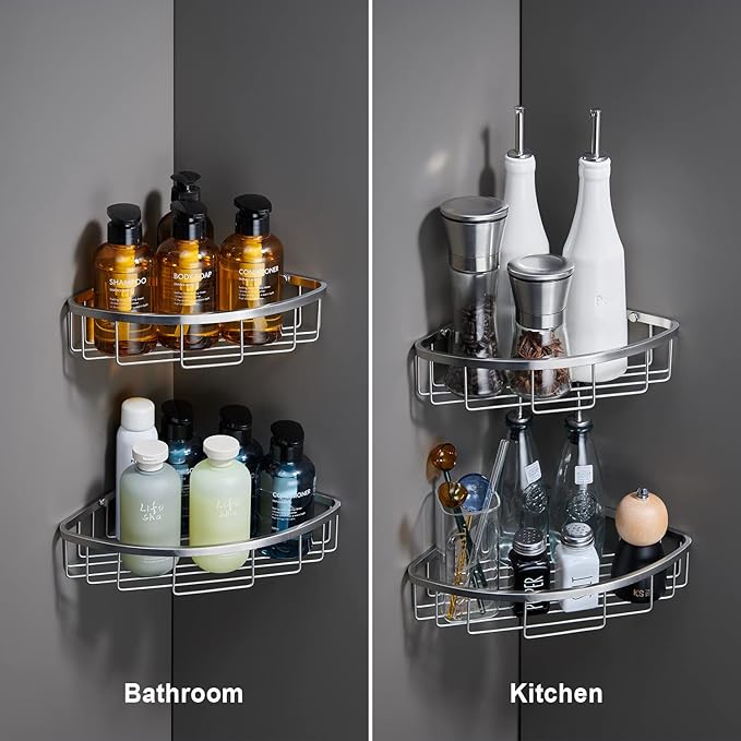 [2 Pack] Corner Shower Caddy Organizer, SUS304 Stainless Steel Heavy Duty Rust-Proof Shelf Shampoo Holder, Wall Mounted Storage Rack for Bathroom Kitchen, Brushed Nickel