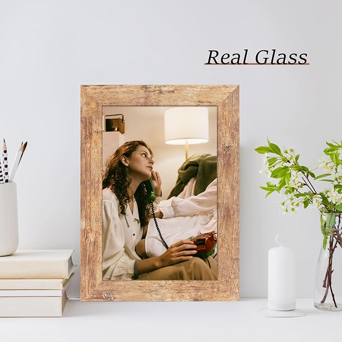6x9 Picture Frame Set of 4, High Definition Real Glass Rustic Brown Frame, 6 x 9 Photo Frames for Tabletop Display and Wall Mounting