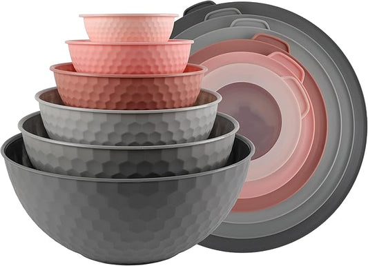 COOK WITH COLOR Mixing Bowls with Lids - 12 Piece Plastic Nesting Bowls Set includes 6 Prep Bowls and 6 Lids, Non Slip Bottom and Embossed Design - Microwave Safe (Pink)