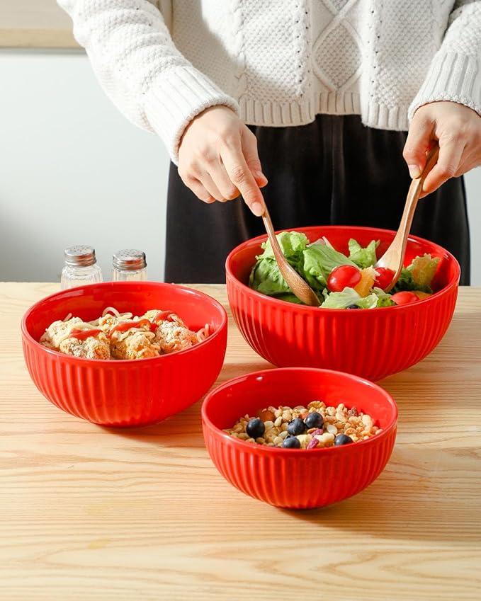 Hasense Mixing Bowls of 3, Porcelain Ribbed Bowls 1.5/1/0.5 Qt For Kitchen, Cooking, Baking and Serving Prep Bowls for Salad, Pasta, Modern Kitchen Dish Dishwasher & Microwave Safe, Red